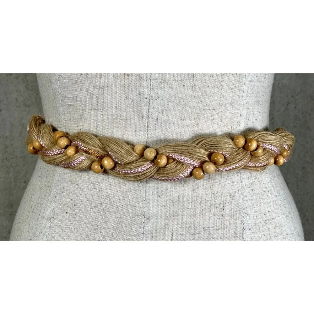 Vintage Statement Braided Beaded‎ Belt Womens Tan Pink Tie Waist 80s 90s Boho